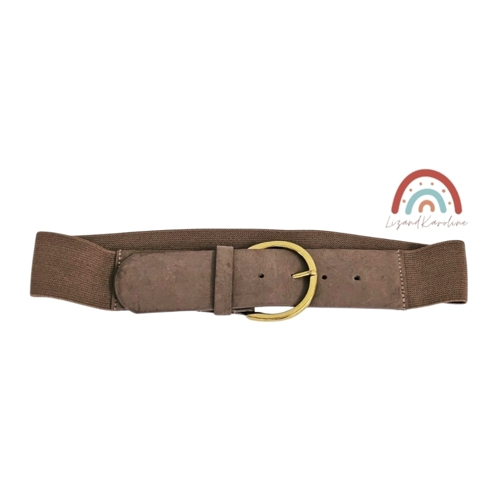 New! Faux Leather Wide Brass Buckle Stretchy Dark Taupe Belt S/M